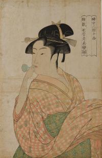 北川歌麿作　婦女人相十品・ポッピンを吹く娘